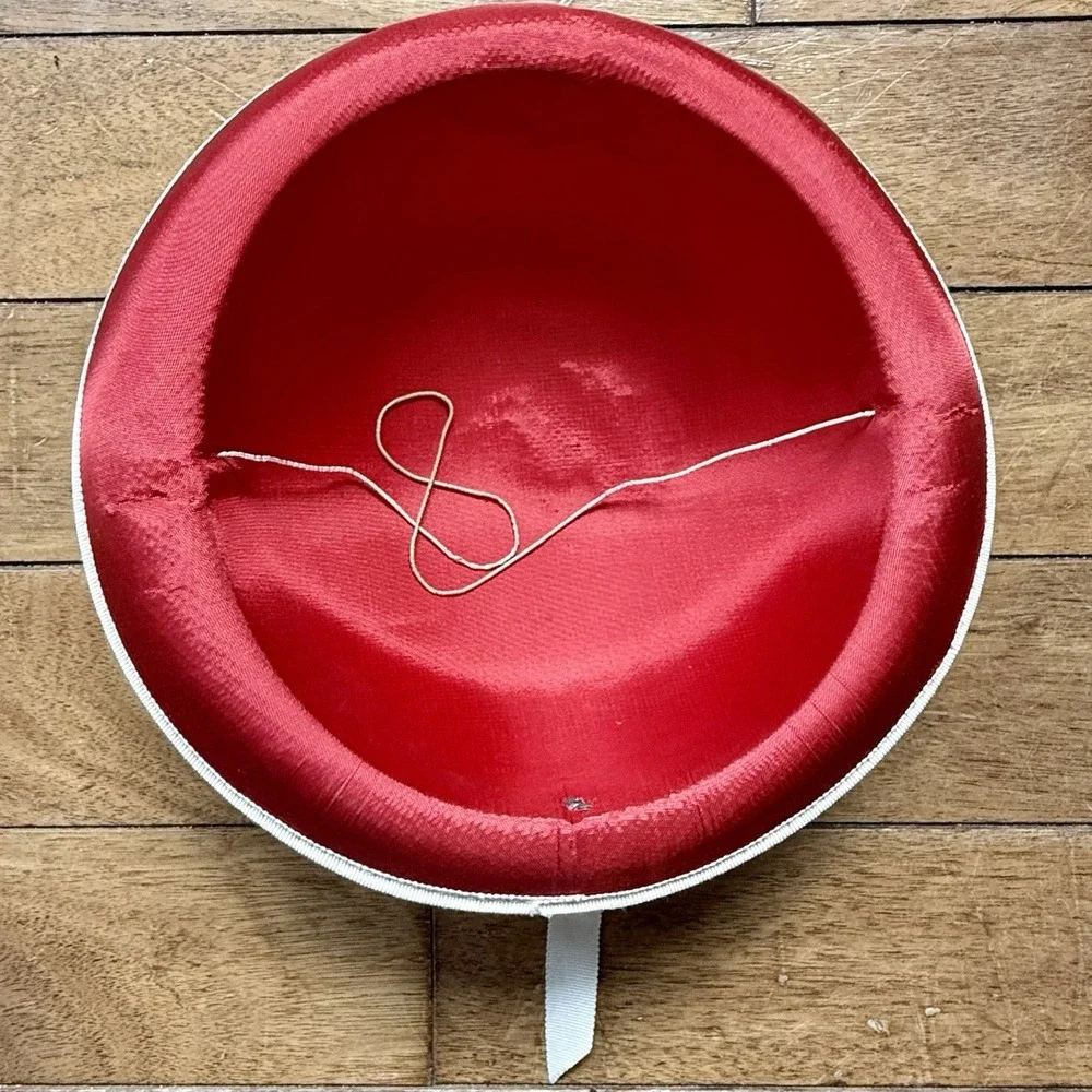 VTG 60s MCM Child Red Felt Hat White Ribbon Chin Elastic